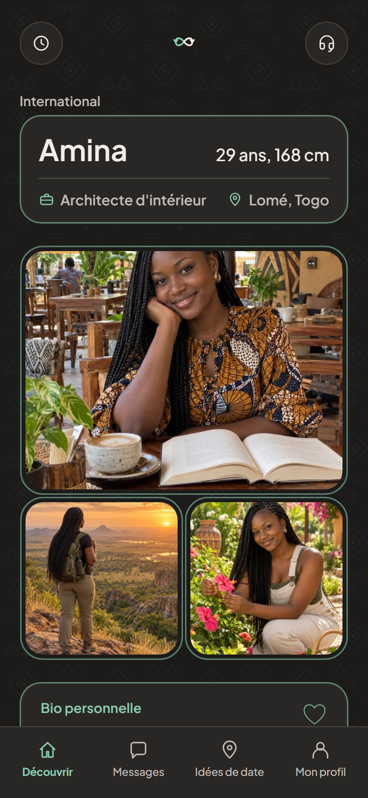 Profil fictif d'Amina, 29 ans, Lomé : trois photos générées.
