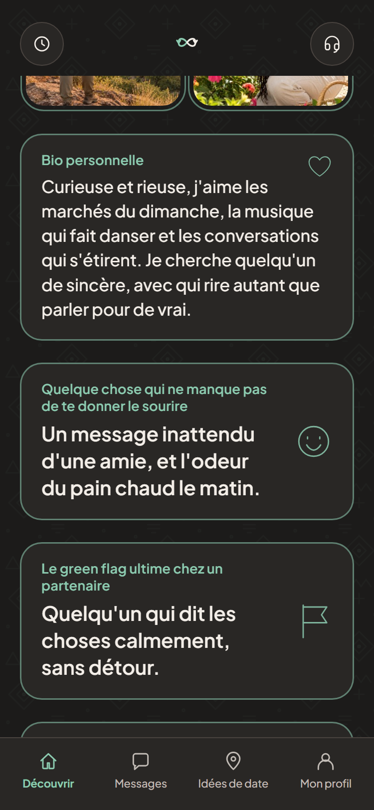 Profil fictif d'Amina : sa bio et ses réponses à quelques questions.