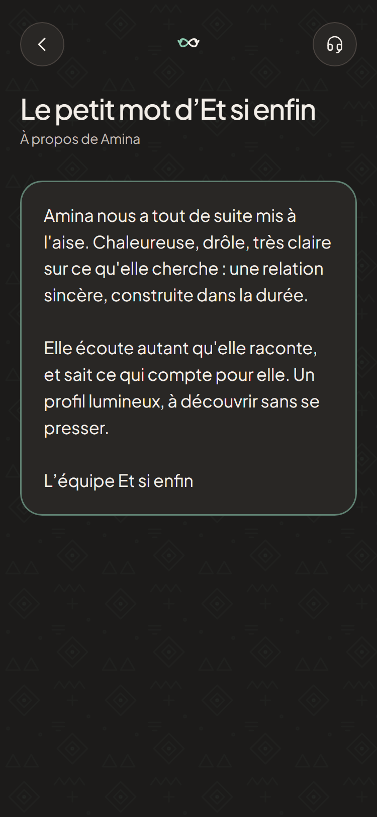 Profil fictif d'Amina : la page « Le petit mot d’Et si enfin », avec le texte rédigé par l'équipe après l'entretien.